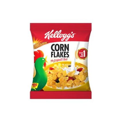 Kellogg's Corn Flakes cereal bag with a green parrot and a bowl of corn flakes being poured with milk.