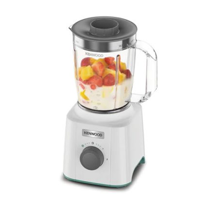 White Kenwood blender with glass jar filled with diced fruit and creamy yogurt ready to blend