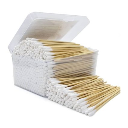 Box of cotton swabs (Q-tips) with swabs spilling out of an open plastic container