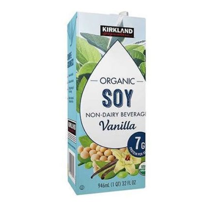 Kirkland Organic Soy Vanilla non-dairy beverage carton, 946 ml, front shows a large white drop with 'SOY' and images of soybeans and vanilla beans on a blue-green background.