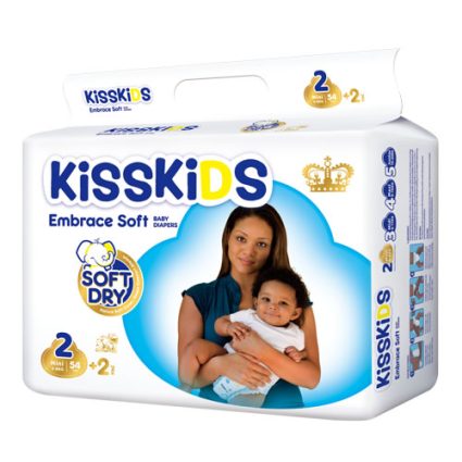 KissKids Embrace Soft baby diapers package featuring a mother holding a baby against a blue cloud backdrop, with Soft Dry badge.