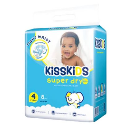 KissKids super dry baby diapers package featuring a smiling baby on a blue box with the KissKids logo.