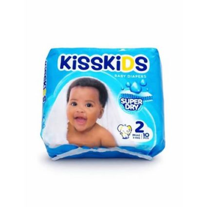 KissKIDS baby diapers package, blue with a smiling baby on the front (size 2, mini).