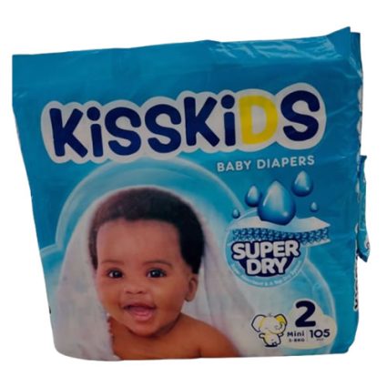 KissKIDS baby diapers package blue with a smiling baby and 'Super Dry' label; size 2 mini, 105 diapers