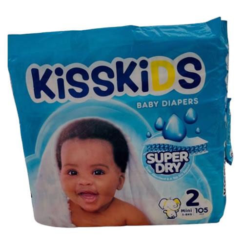 Kisskids Baby Diapers Size 2 Mini 3-8kg 105pcs - Imavug KissKIDS baby diapers package blue with a smiling baby and 'Super Dry' label; size 2 mini, 105 diapers