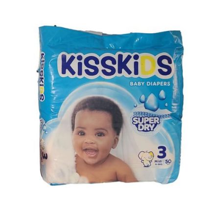 Blue KissKIDS baby diapers package with a smiling baby on the front, 'Super Dry' label, size 3 Midi, 50 diapers.