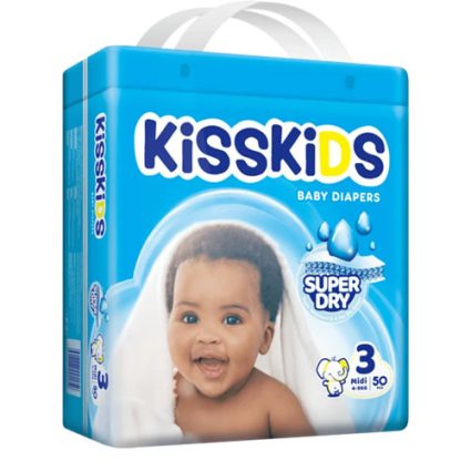 Blue KissKIDS baby diapers package with a smiling baby on the front, labeled 'Super Dry', size Midi 3, 50 diapers.