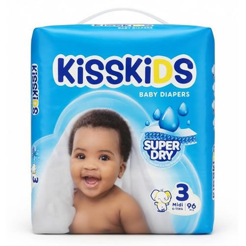 Kisskids Baby Diapers Size 3 Midi 6-11kg 96pcs - Imavug KissKIDS Baby Diapers package with a smiling baby on a blue bag, size 3 (Midi) displayed, featuring 'Super Dry' claim and a baby image on the front.
