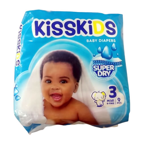 KissKIDS baby diapers package, size Midi 3, 9 pieces, Super Dry, featuring a smiling baby on the front.