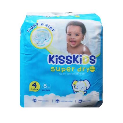 KissKids Super Dry diaper package with a smiling baby on blue packaging, size 4 (7–18 kg).