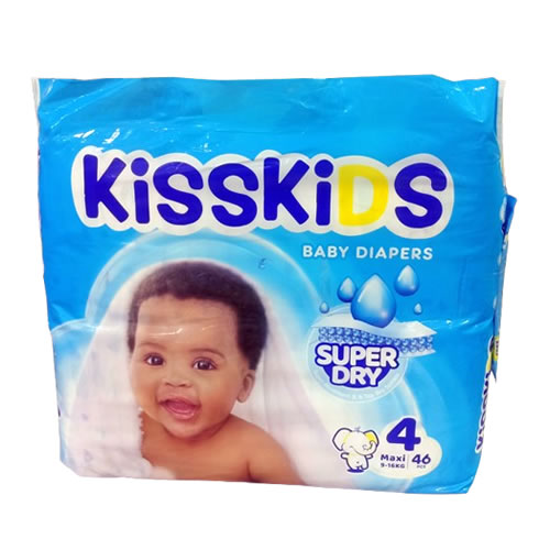 Kisskids Baby Diapers Size 4 Maxi 9-16kg 46pcs - Imavug Blue KissKIDS baby diapers package with a smiling infant image and 'Super Dry' label; shows 4 (size) and 40 diapers as quantity.