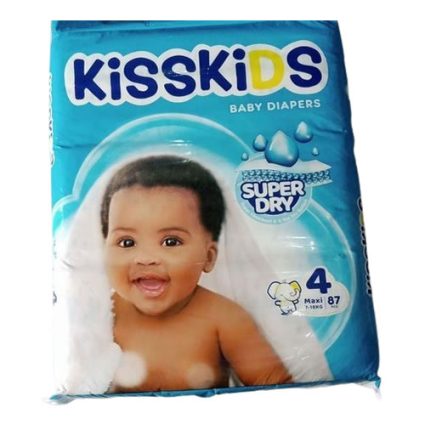 KISSKIDS Baby Diapers package in blue, featuring a smiling baby wearing a diaper and the words Super Dry (Size 4).
