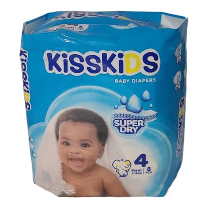 KissKIDS Baby Diapers package featuring a smiling baby, blue background, shows size 4 Maxi 8 pcs and Super Dry label.