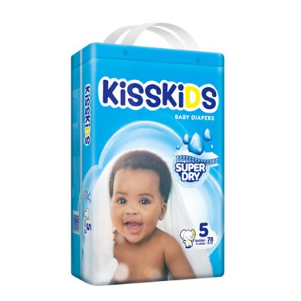 Blue KissKIDS baby diapers package with a smiling baby on the front, water imagery, and 'Super Dry' branding; size 5 Junior (78 diapers).