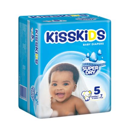 Blue KissKIDS baby diapers box with a smiling baby and a 'Super Dry' label on the front.