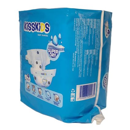 Blue KissKIDS baby diapers package featuring a Super Dry graphic and diaper illustrations on the front.