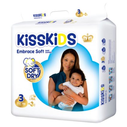 KISSKIDS Embrace Soft baby diapers package with a mother holding a baby and Soft Dry emblem