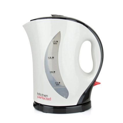 White electric kettle with a curved ergonomic handle and a transparent water window showing 0.5L to 1.7L markings; black base and red switch on the side.