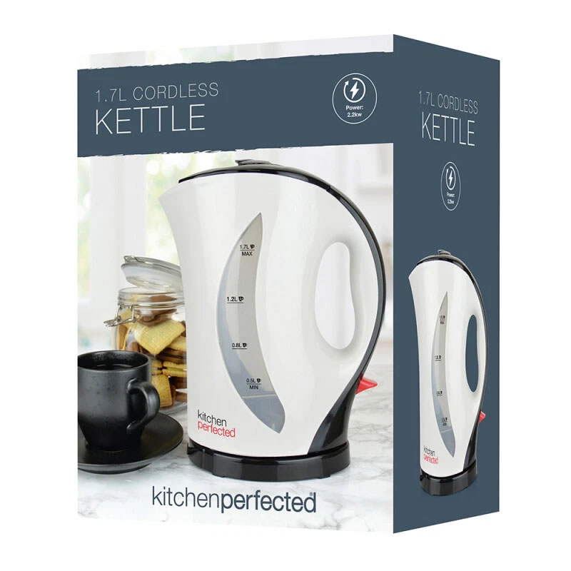 Kitchen Perfected Kettle 17L 2 - Imavug Boxed image of a white 1.7 L cordless kettle on a kitchen counter with a cup and jar in the background; branding reads 'kitchen perfected'