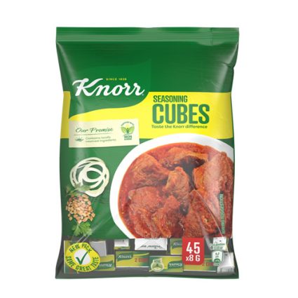 Knorr Seasoning Cubes bag with a bowl of stew on the front, 45 x 8 g per pack, green and yellow packaging