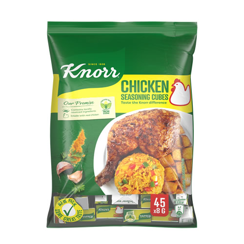 Knorr Chicken Seasoning Cubes - Imavug Knorr Chicken Seasoning Cubes bag in green, showing roasted chicken and seasoned rice plate; contains 45 x 8 g cubes.