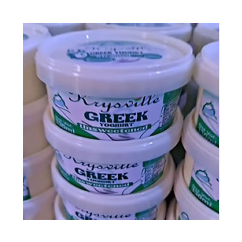 Krysville Greek Yogurt Unsweetened 500ml - Imavug Stack of white yogurt cups with green and blue labels reading Greek Yogurt, stacked in a display.