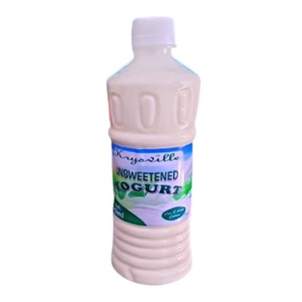 Plastic bottle of sweetened yogurt drink with a blue and green label on a white background
