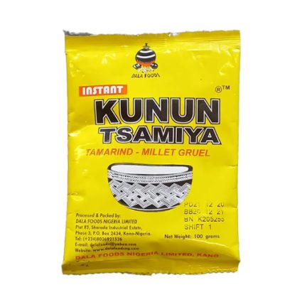 Bright yellow instant food package labeled 'KUNUN TSAMIYA' with 'TAMARIND - MILLET GRUEL' and a black-and-white bowl illustration
