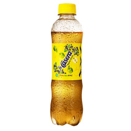 Plastic bottle of lemon-lime soda with a bright yellow label and matching yellow cap, droplets of condensation on the bottle.
