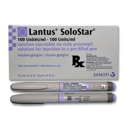 Box of Lantus SoloStar insulin injection pens (100 U/ml) with two prefilled pens shown below the box.