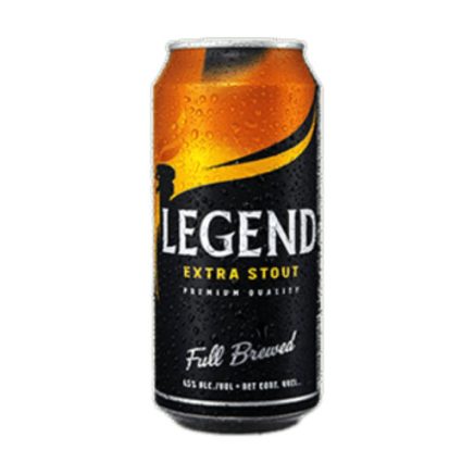 Can of Legend Extra Stout beer with black and orange label and 'Full Brewed' text on a white background.