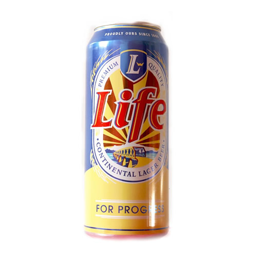 Life Lager Beer Can 50cl - Imavug Life beer can with blue and yellow label featuring a sunburst and the large red 'Life' logo, reading 'For Progress' at the bottom.
