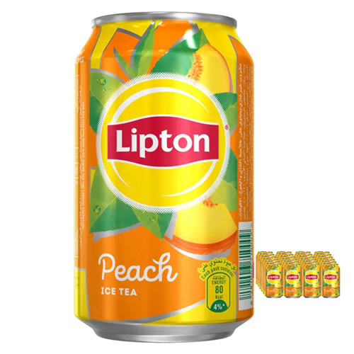 Lipton Peach Ice Tea 330ml Can - Imavug Lipton Peach Ice Tea can with bright orange and yellow packaging and peach graphics.