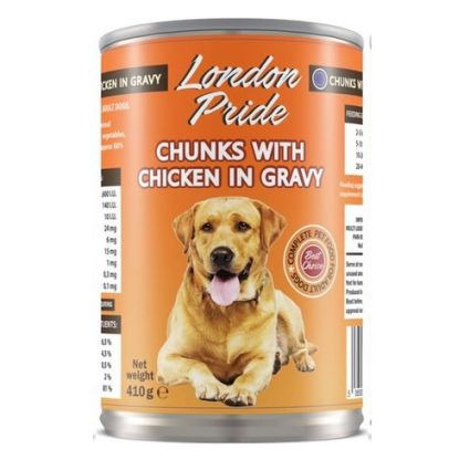Orange can of London Pride dog food labeled 'Chunks with Chicken in Gravy'; image of a happy dog sitting in front of the label