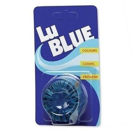 Lu Blue contact lens packaging with a blue lens case visible inside a blister pack.