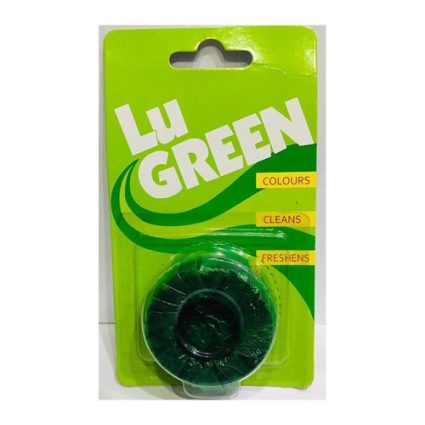 Bright green LU GREEN air freshener package with a round green puck visible in plastic