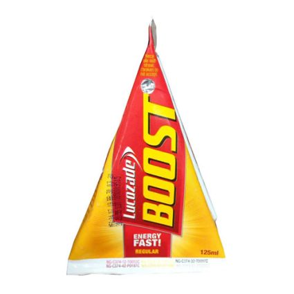 Lucozade Boost energy drink carton with red‑yellow design and bold BOOST lettering