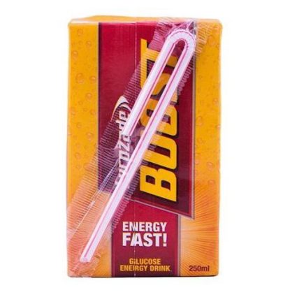 Orange energy drink carton with a white plastic straw laid across the front, labeled 'Energy Fast!' and 'Glucose Energy Drink' (250 ml).