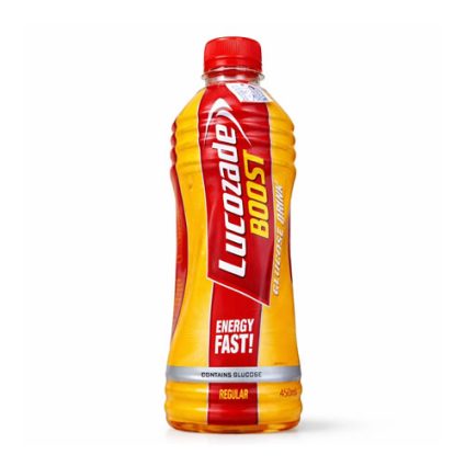 Lucozade Boost energy drink bottle in yellow and red with red cap, showing 'Energy Fast!' label and 450 ml capacity.
