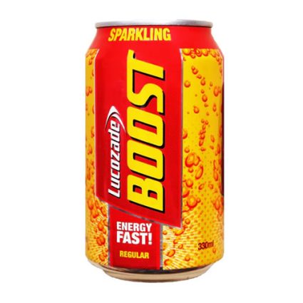 Can of Lucozade Boost Sparkling Energy Drink (330 ml) with red and yellow design and bubble motif on the can.