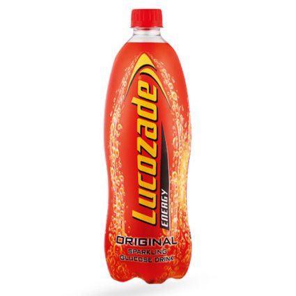 Bright red Lucozade Energy bottle for Original sparkling glucose drink with a vertical yellow logo on the label