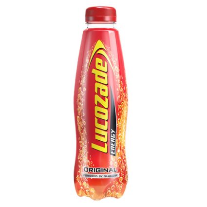 Lucozade Energy Original bottle: red plastic bottle with yellow diagonal logo and red cap, bubble design on the label