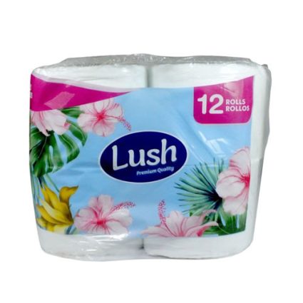 Pack of 12 Lush toilet paper rolls with a blue floral packaging.