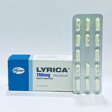 Pfizer LYRICA 150 mg pregabalin hard capsules box beside a blister pack of white capsules.