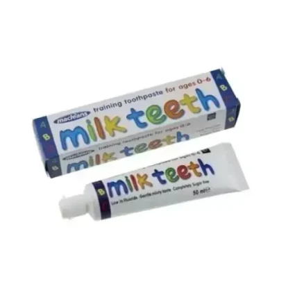 Milk Teeth training toothpaste for ages 0–6, white tube and colorful packaging on a white background.
