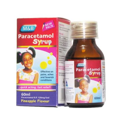 Box and bottle of M&B Paracetamol Syrup for children, pineapple flavour, 60 ml, for pain relief and fever.