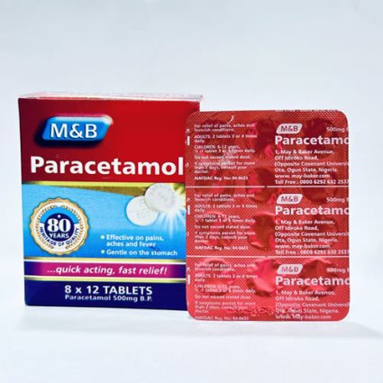 Box of M&B Paracetamol tablets (500 mg) with a red blister pack nearby; packaging shows '8 x 12 tablets' and promotional icons.