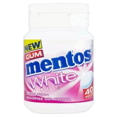 White bottle of Mentos White gum with a pink label, 40 pieces, sugar-free with xylitol (new gum)