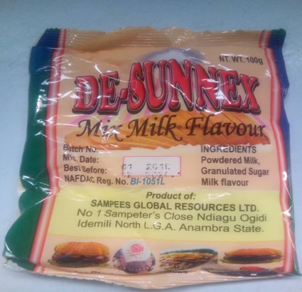 Bag of De-Sunrex Mix Milk Flavour powdered milk with ingredients and weight label (100 g).