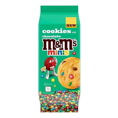 MM Minis Cookies with Chocolate Chips 180g - Imavug Green bag of M&M's Minis cookies, featuring an M&M character and a large cookie with colorful candies on the front edge.
